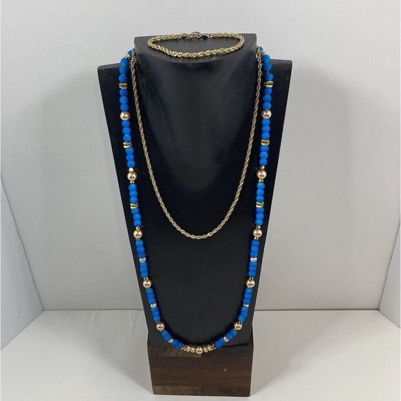 Vintage Bright Blue & Gold Tone Layering Necklace set 26 inch Beaded 18 in Chain - Picture 1 of 9